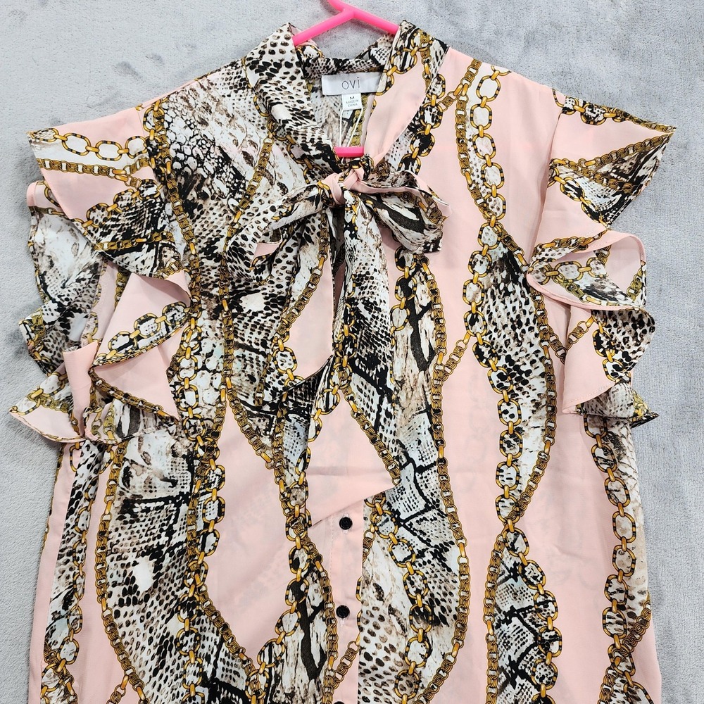 NEW Ovi Top Womens M Pink Animal Chain Print High Neck Flutter Sleeve Office - Picture 2 of 11